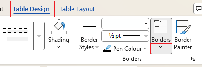 Table Design Borders option on ribbon in Word